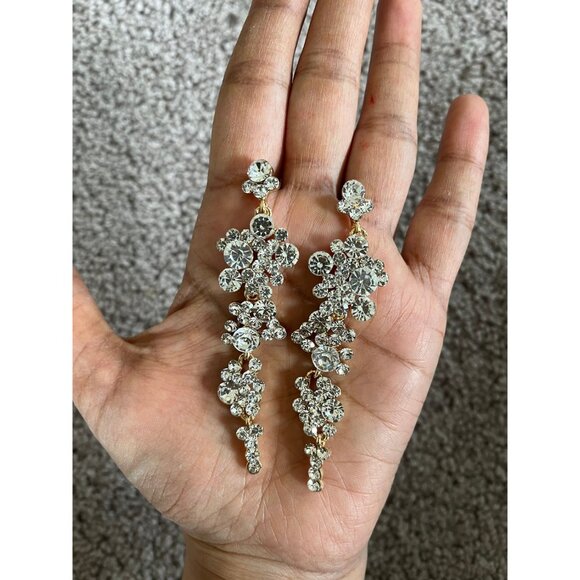 White rhinestone gold earrings clear long bridal prom crystal pierced earrings - Picture 2 of 9